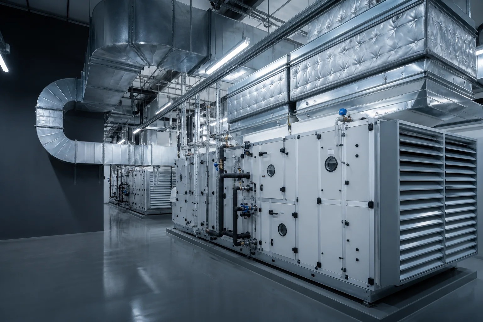 Büyük klima santralleri, galvaniz hava kanalları ve serpantin bağlantıları bulunan modern HVAC mekanik odası