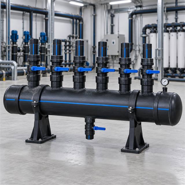 Mavi çizgili siyah HDPE kollektör ve branşmanları