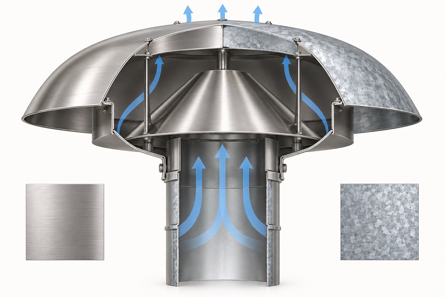Paslanmaz ve galvaniz Jet Cap kesiti ile yukarı yönlü hava akışı